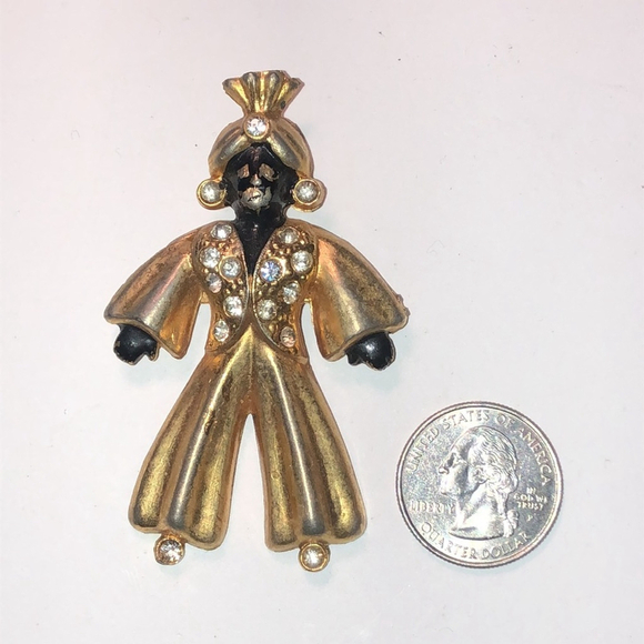 Vintage Satin Soft Gold Tone CZ Rhinestone Turban Man Brooch Shoulder Pin - Picture 4 of 6